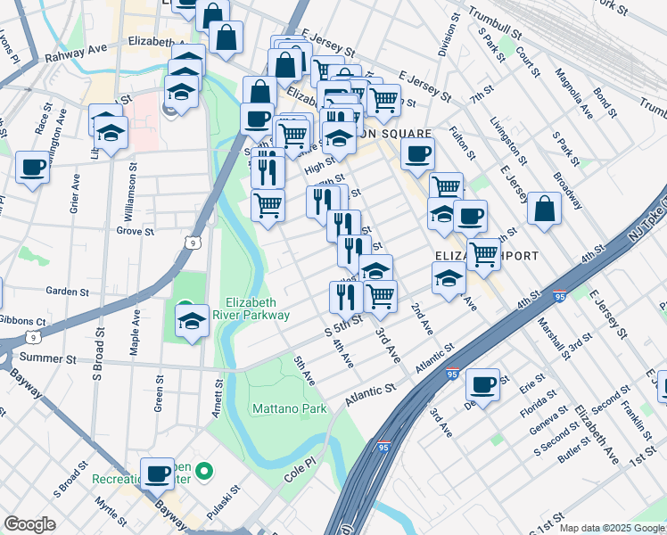map of restaurants, bars, coffee shops, grocery stores, and more near 574 3rd Avenue in Elizabeth