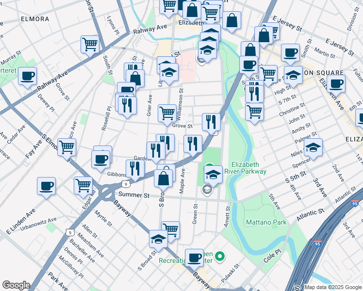 map of restaurants, bars, coffee shops, grocery stores, and more near 416 Maple Avenue in Elizabeth