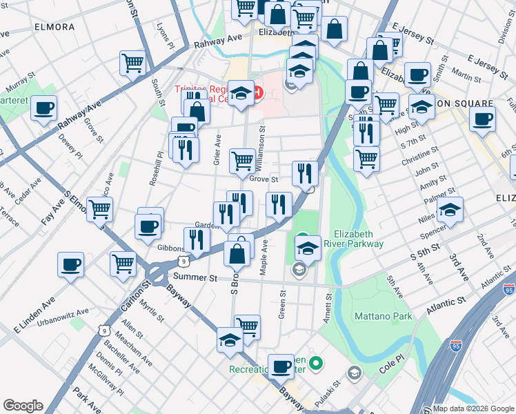 map of restaurants, bars, coffee shops, grocery stores, and more near 416 Maple Avenue in Elizabeth