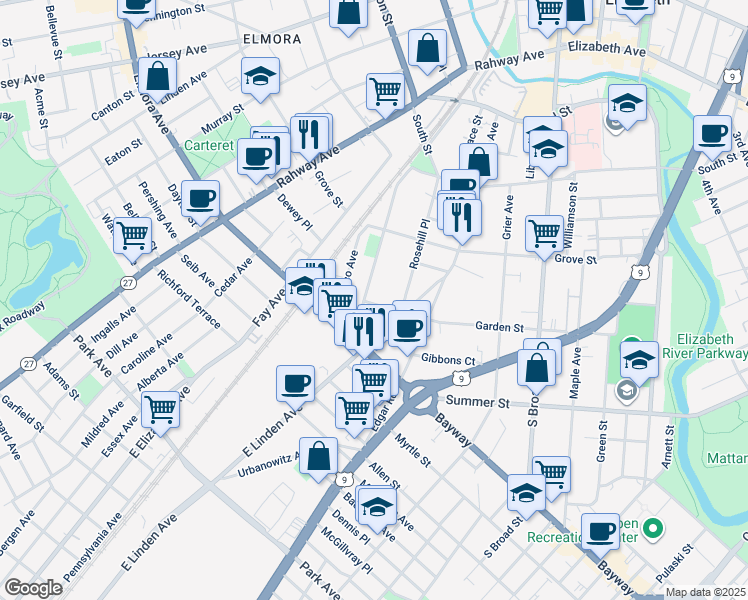 map of restaurants, bars, coffee shops, grocery stores, and more near 444-446 New York Avenue in Elizabeth