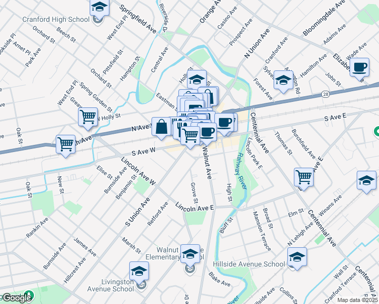 map of restaurants, bars, coffee shops, grocery stores, and more near in Cranford