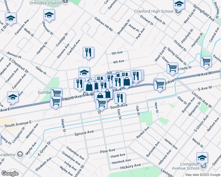 map of restaurants, bars, coffee shops, grocery stores, and more near 9 Cedar Street in Garwood