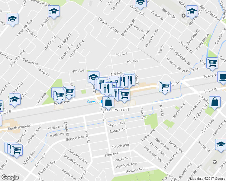 map of restaurants, bars, coffee shops, grocery stores, and more near 9 Cedar Street in Garwood