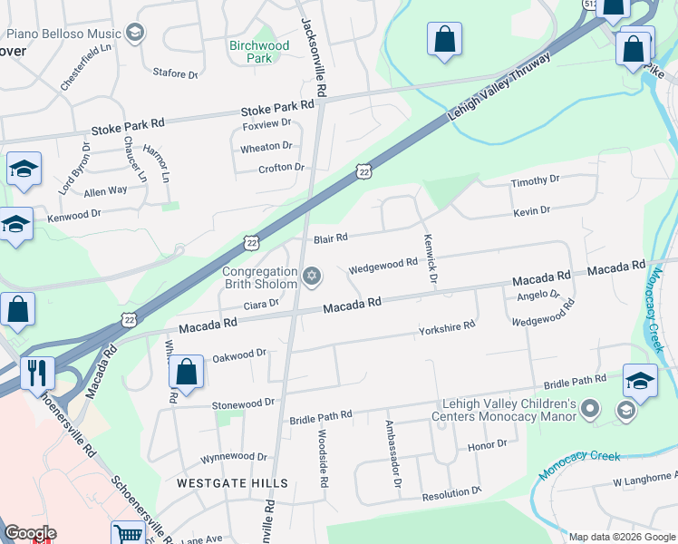 map of restaurants, bars, coffee shops, grocery stores, and more near 980 Wedgewood Road in Bethlehem