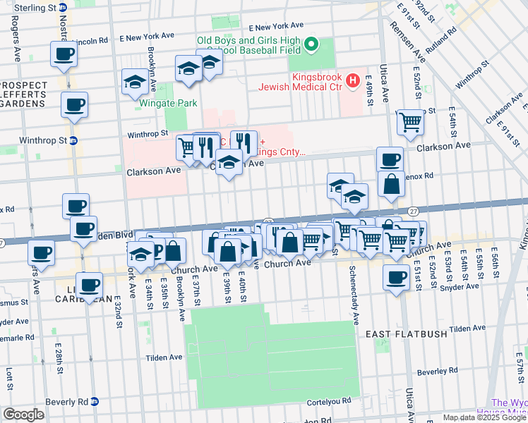 map of restaurants, bars, coffee shops, grocery stores, and more near 62 East 43rd Street in Brooklyn