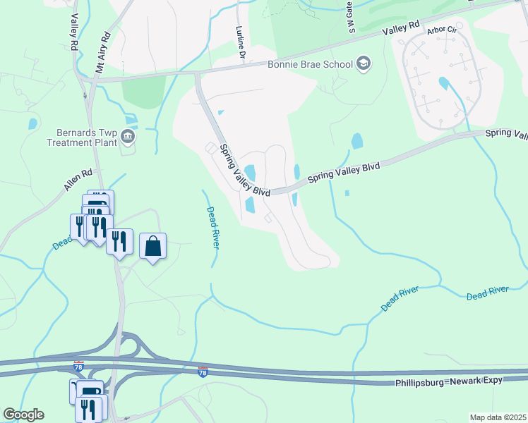 map of restaurants, bars, coffee shops, grocery stores, and more near 240 Penns Way in Basking Ridge