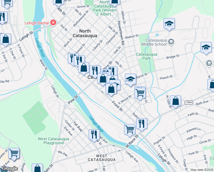 map of restaurants, bars, coffee shops, grocery stores, and more near in Catasauqua