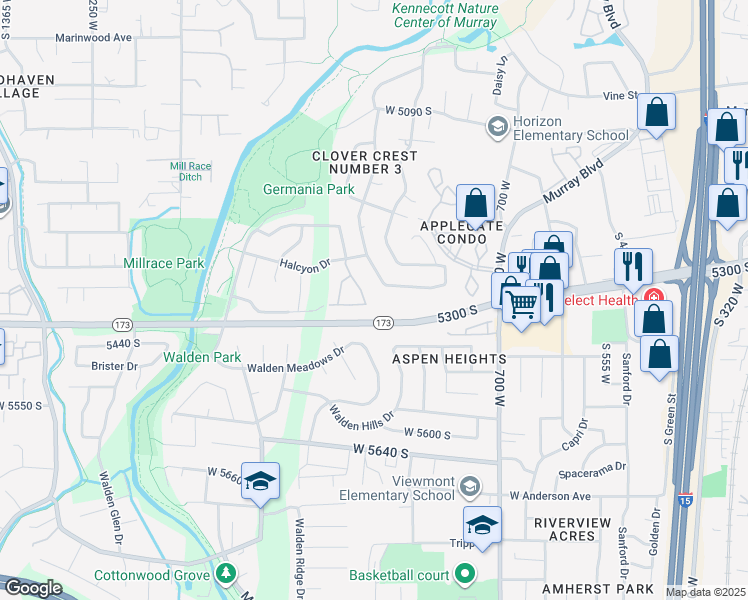 map of restaurants, bars, coffee shops, grocery stores, and more near 5385 New Hampton Drive in Murray