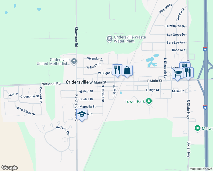 map of restaurants, bars, coffee shops, grocery stores, and more near 300 West Main Street in Cridersville