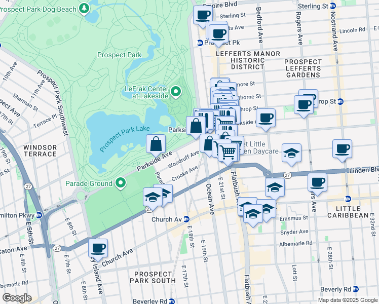 map of restaurants, bars, coffee shops, grocery stores, and more near 152 Parkside Avenue in Brooklyn