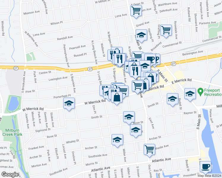 map of restaurants, bars, coffee shops, grocery stores, and more near 88 South Bergen Place in Freeport