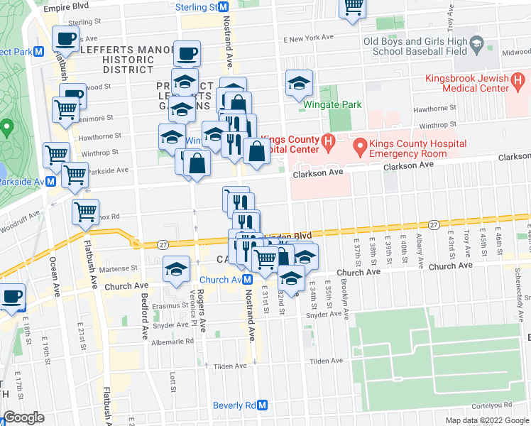 map of restaurants, bars, coffee shops, grocery stores, and more near 333 Lenox Road in Brooklyn