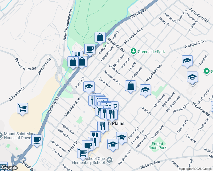 map of restaurants, bars, coffee shops, grocery stores, and more near 1991 Grand Street in Scotch Plains
