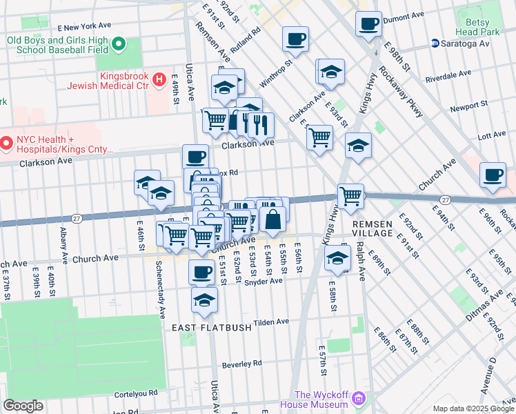 map of restaurants, bars, coffee shops, grocery stores, and more near 832 Linden Boulevard in Brooklyn