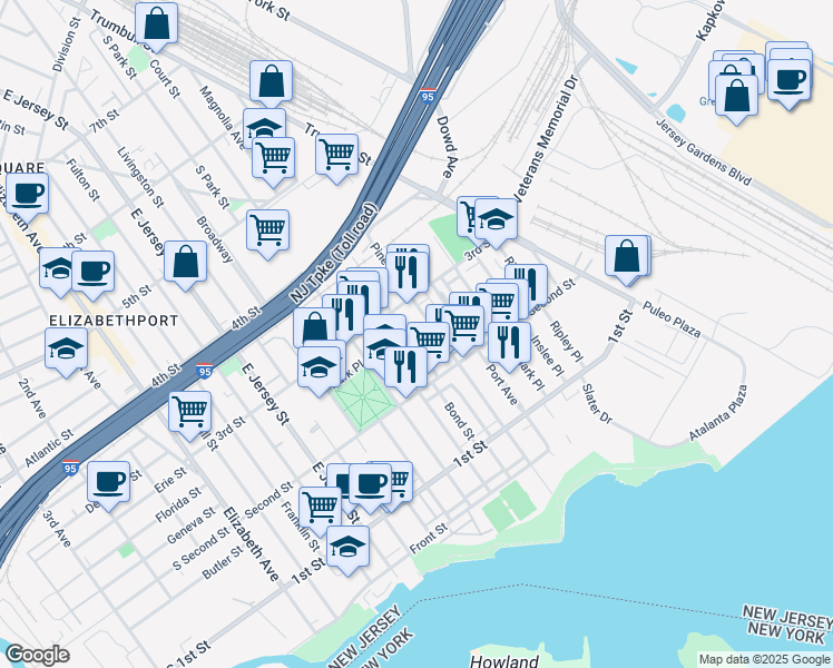 map of restaurants, bars, coffee shops, grocery stores, and more near 251 Pine Street in Elizabeth