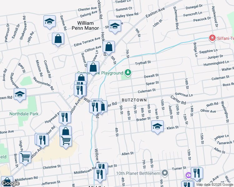 map of restaurants, bars, coffee shops, grocery stores, and more near 2635 5th Street in Bethlehem