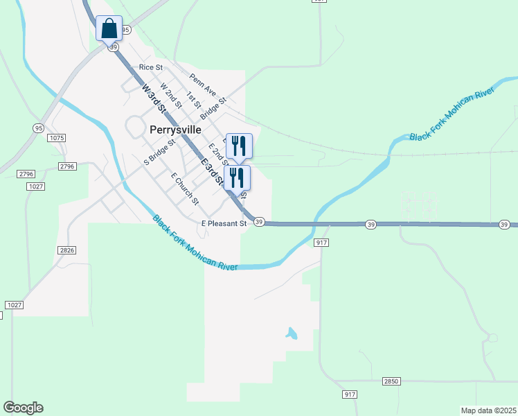 map of restaurants, bars, coffee shops, grocery stores, and more near 181 East 3rd Street in Perrysville
