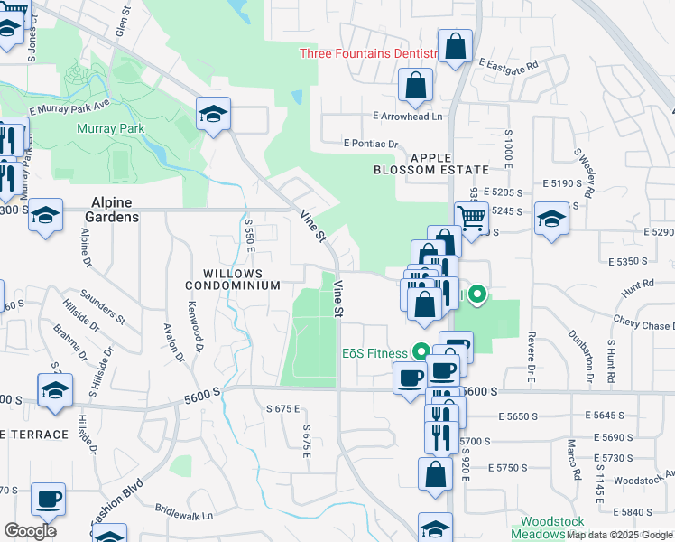 map of restaurants, bars, coffee shops, grocery stores, and more near 801 East Vine Street in Murray
