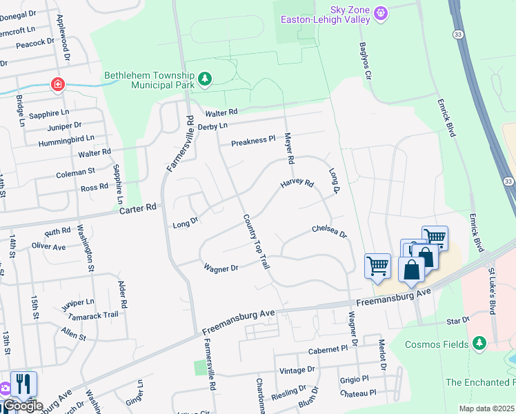 map of restaurants, bars, coffee shops, grocery stores, and more near 5085 Harvey Road in Bethlehem