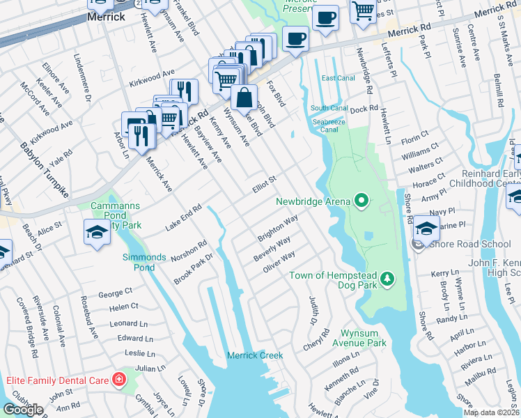 map of restaurants, bars, coffee shops, grocery stores, and more near 115 Hampton Way in Merrick