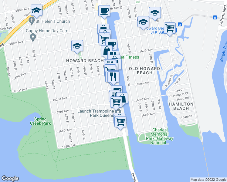map of restaurants, bars, coffee shops, grocery stores, and more near 162-02 Cross Bay Boulevard in Queens