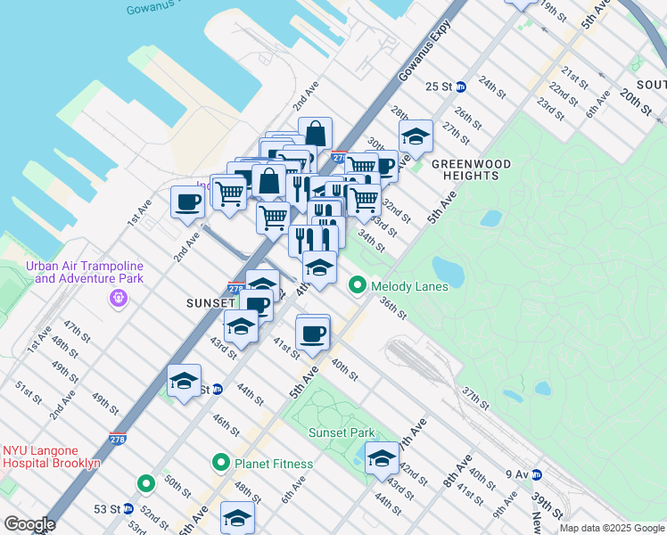map of restaurants, bars, coffee shops, grocery stores, and more near 414 36th Street in Brooklyn