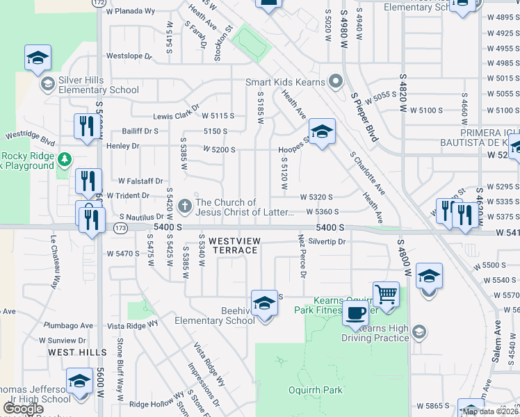 map of restaurants, bars, coffee shops, grocery stores, and more near 5322 South 5200 West in Kearns