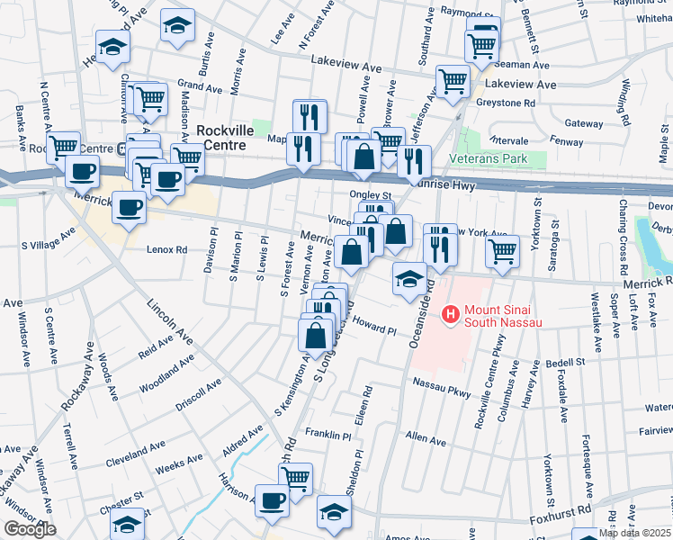 map of restaurants, bars, coffee shops, grocery stores, and more near 12 South Kensington Avenue in Rockville Centre