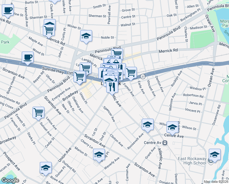 map of restaurants, bars, coffee shops, grocery stores, and more near 381 Sunrise Highway in Lynbrook