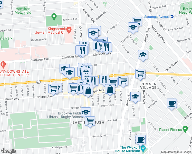 map of restaurants, bars, coffee shops, grocery stores, and more near Linden Blvd & E 52nd St in Brooklyn