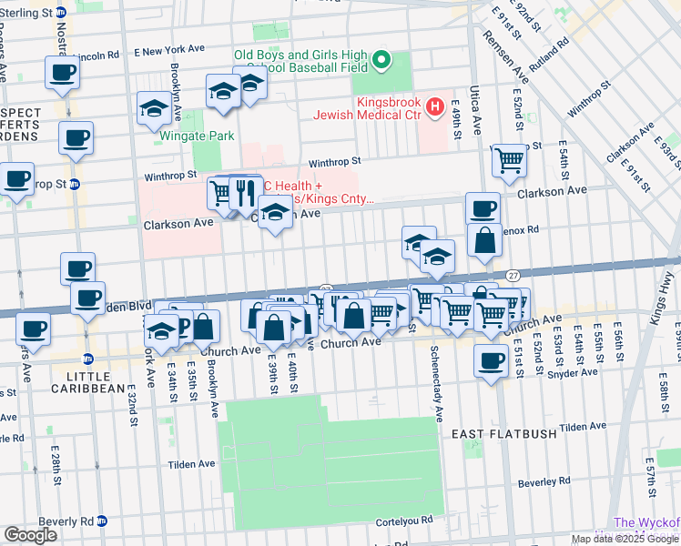 map of restaurants, bars, coffee shops, grocery stores, and more near 62 East 43rd Street in Brooklyn