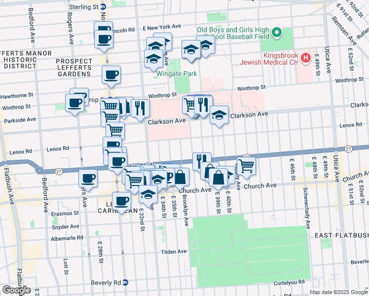 map of restaurants, bars, coffee shops, grocery stores, and more near 450 Lenox Road in Brooklyn