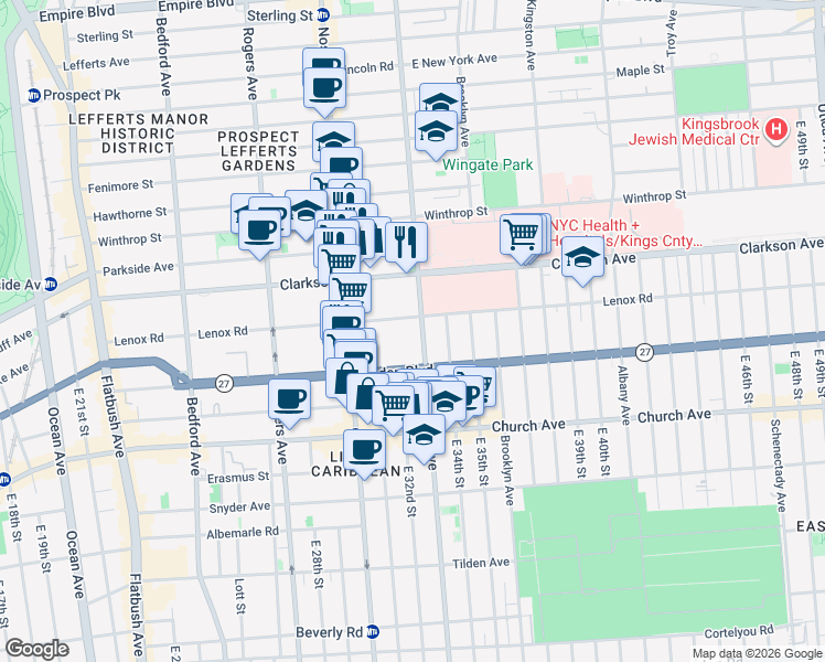 map of restaurants, bars, coffee shops, grocery stores, and more near 395 Lenox Road in Brooklyn