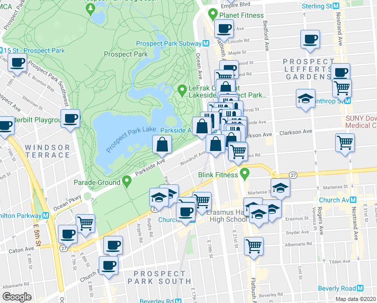 map of restaurants, bars, coffee shops, grocery stores, and more near 152 Parkside Avenue in Brooklyn