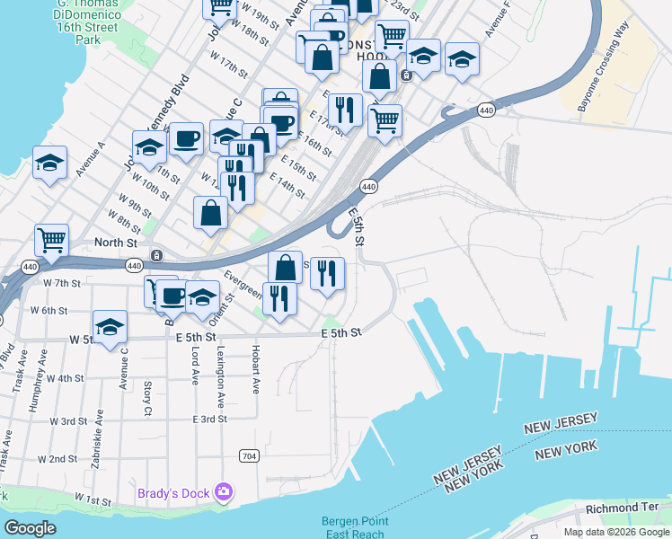 map of restaurants, bars, coffee shops, grocery stores, and more near 103 Oak Street in Bayonne