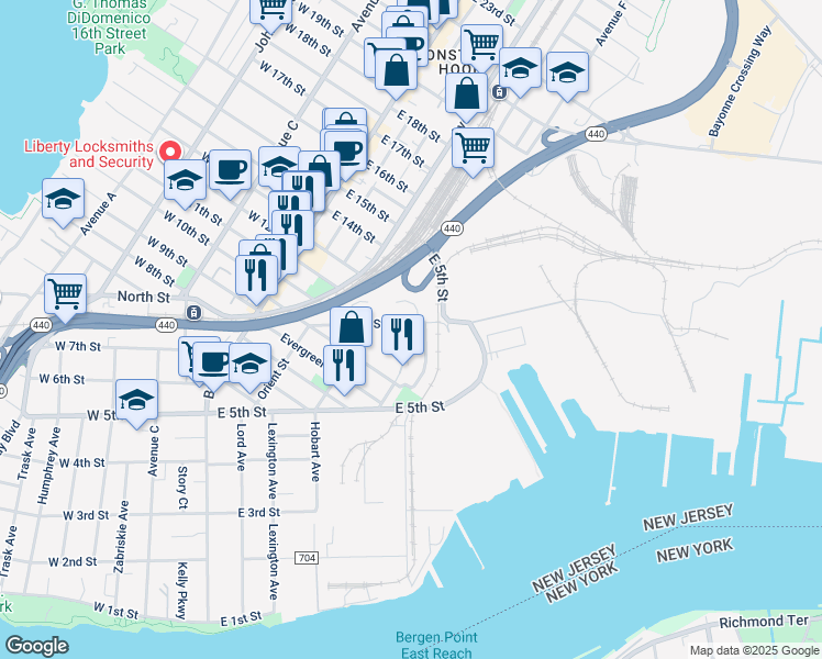 map of restaurants, bars, coffee shops, grocery stores, and more near 51 Oak Street in Bayonne