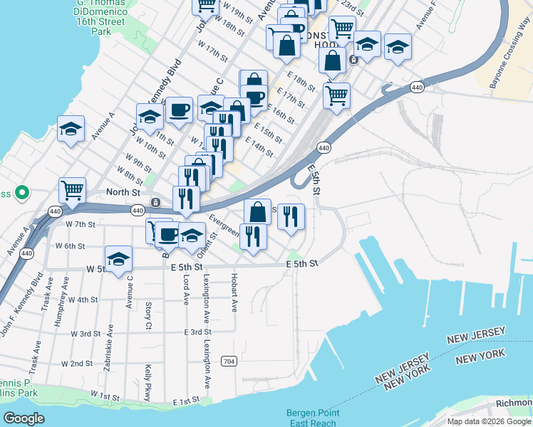 map of restaurants, bars, coffee shops, grocery stores, and more near 6 West Oak Court in Bayonne