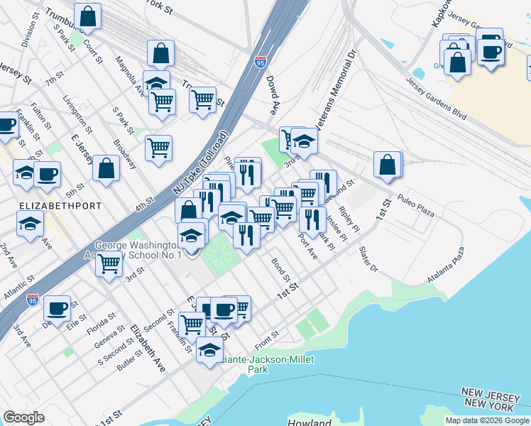 map of restaurants, bars, coffee shops, grocery stores, and more near 251 Pine Street in Elizabeth