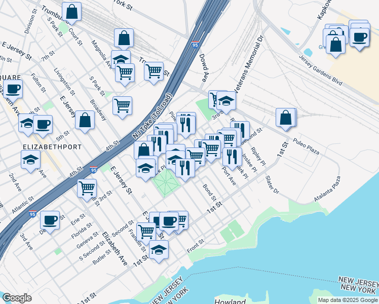 map of restaurants, bars, coffee shops, grocery stores, and more near 251 Pine Street in Elizabeth