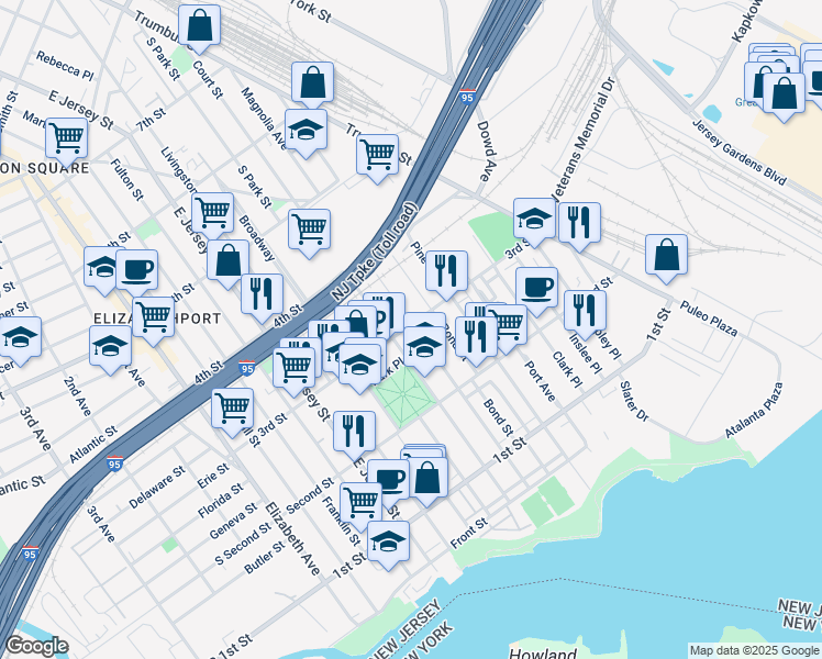 map of restaurants, bars, coffee shops, grocery stores, and more near 210 3rd Street in Elizabeth