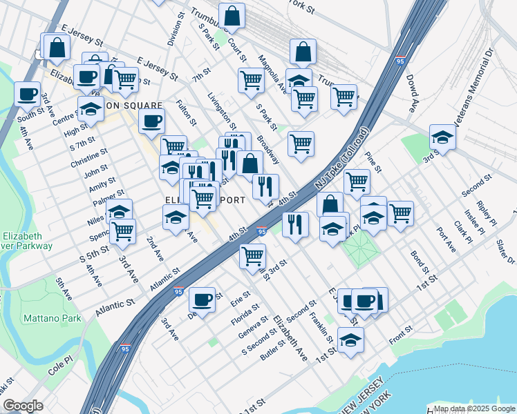 map of restaurants, bars, coffee shops, grocery stores, and more near 431 Fulton Street in Elizabeth