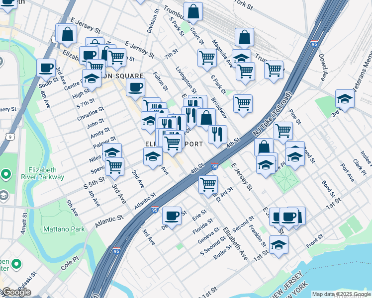 map of restaurants, bars, coffee shops, grocery stores, and more near 451 Franklin Street in Elizabeth