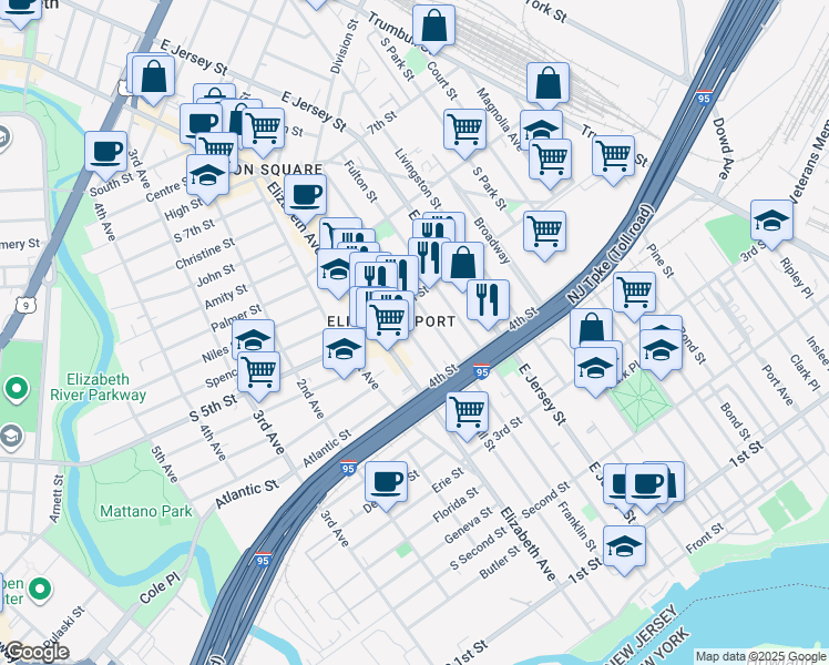 map of restaurants, bars, coffee shops, grocery stores, and more near 451 Franklin Street in Elizabeth