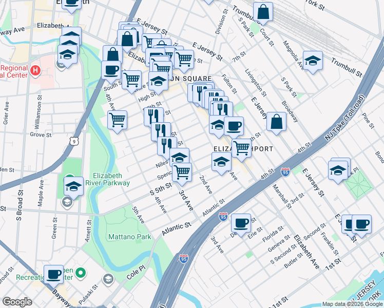 map of restaurants, bars, coffee shops, grocery stores, and more near 549 2nd Avenue in Elizabeth