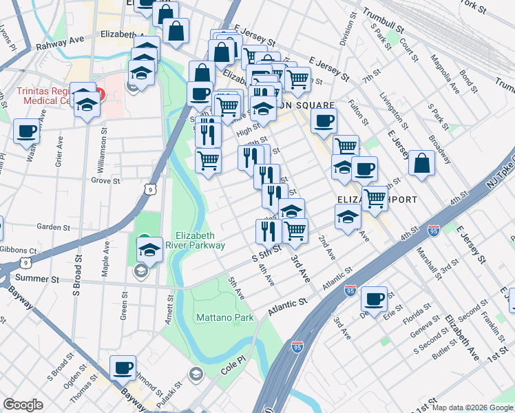 map of restaurants, bars, coffee shops, grocery stores, and more near 574 3rd Avenue in Elizabeth