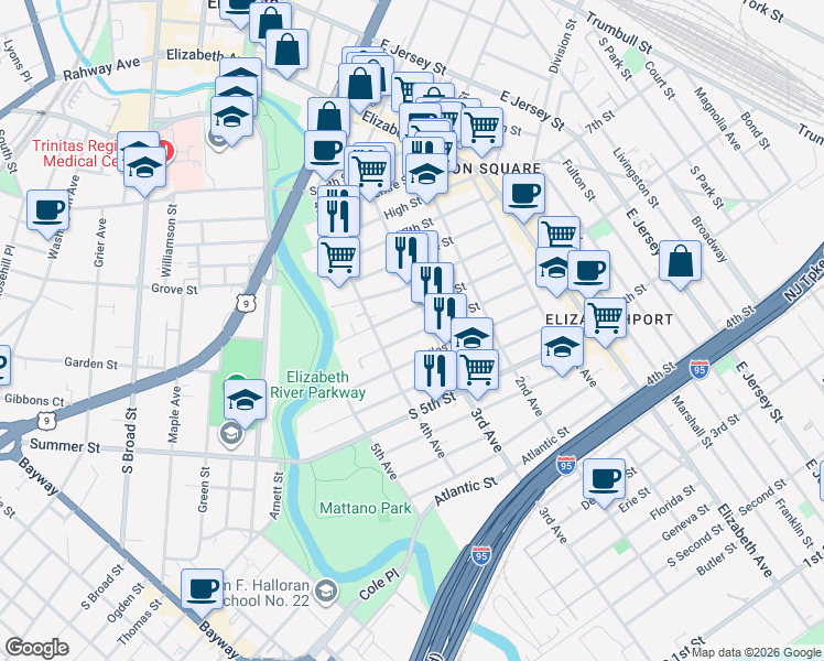 map of restaurants, bars, coffee shops, grocery stores, and more near 574 3rd Avenue in Elizabeth
