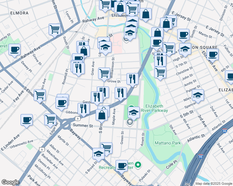 map of restaurants, bars, coffee shops, grocery stores, and more near 416 Maple Avenue in Elizabeth