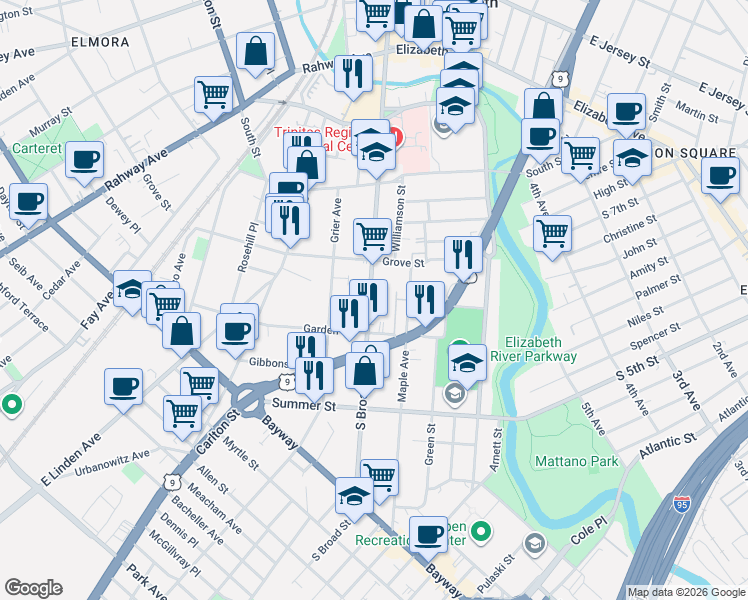 map of restaurants, bars, coffee shops, grocery stores, and more near 416 South Broad Street in Elizabeth