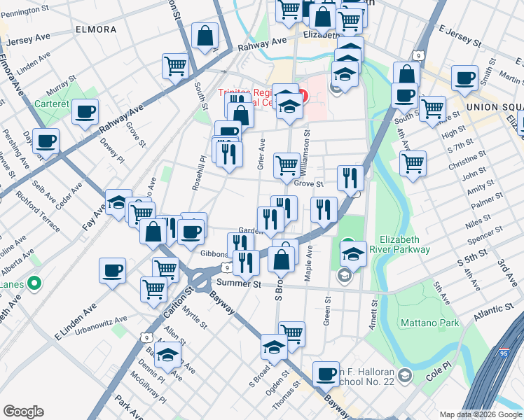 map of restaurants, bars, coffee shops, grocery stores, and more near 418 Grier Avenue in Elizabeth