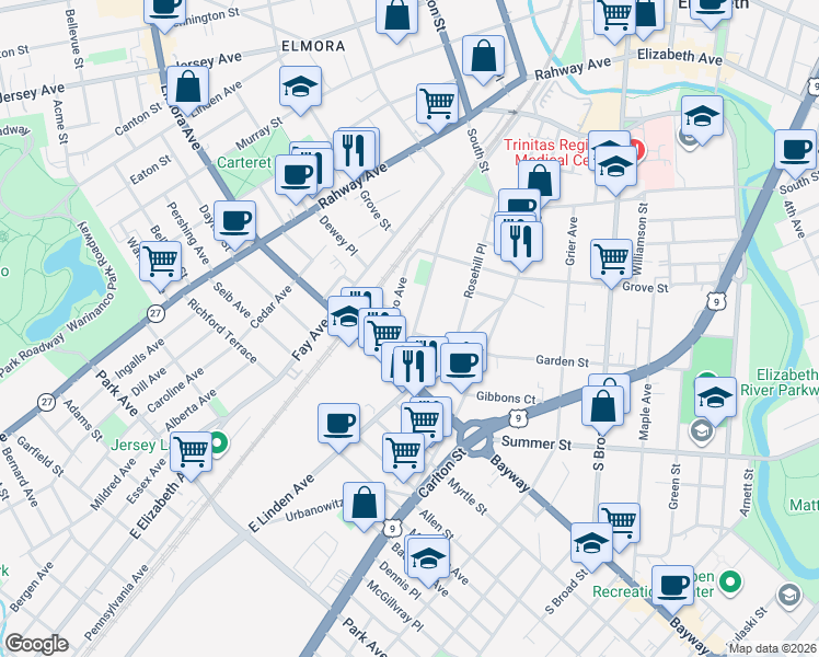 map of restaurants, bars, coffee shops, grocery stores, and more near 444-446 New York Avenue in Elizabeth